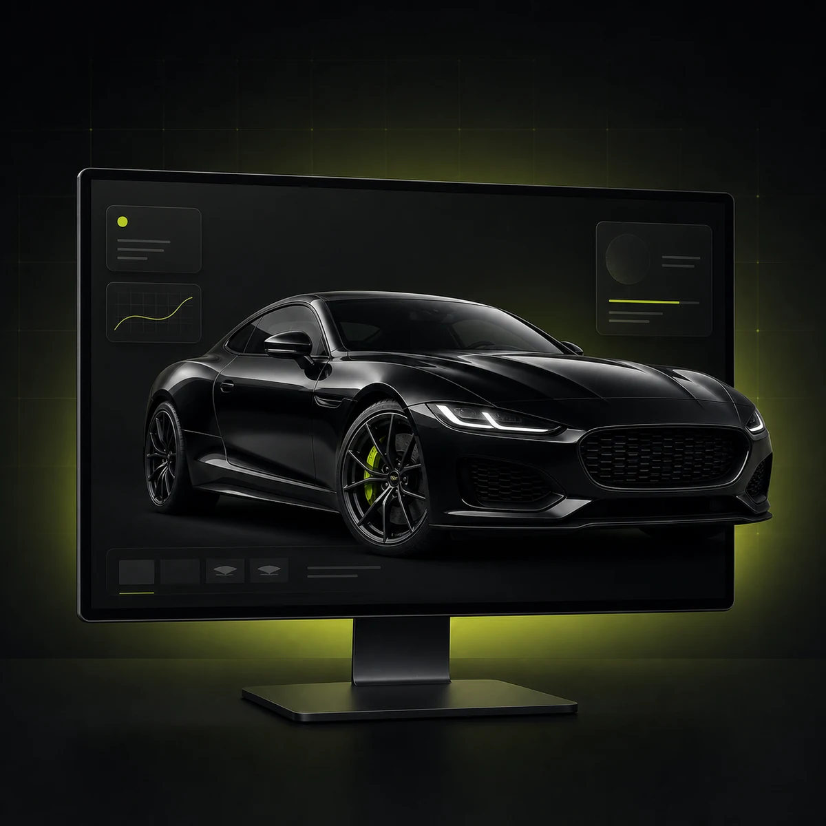 Carro premium preto apresentado em um mockup desktop tridimensional e minimalista