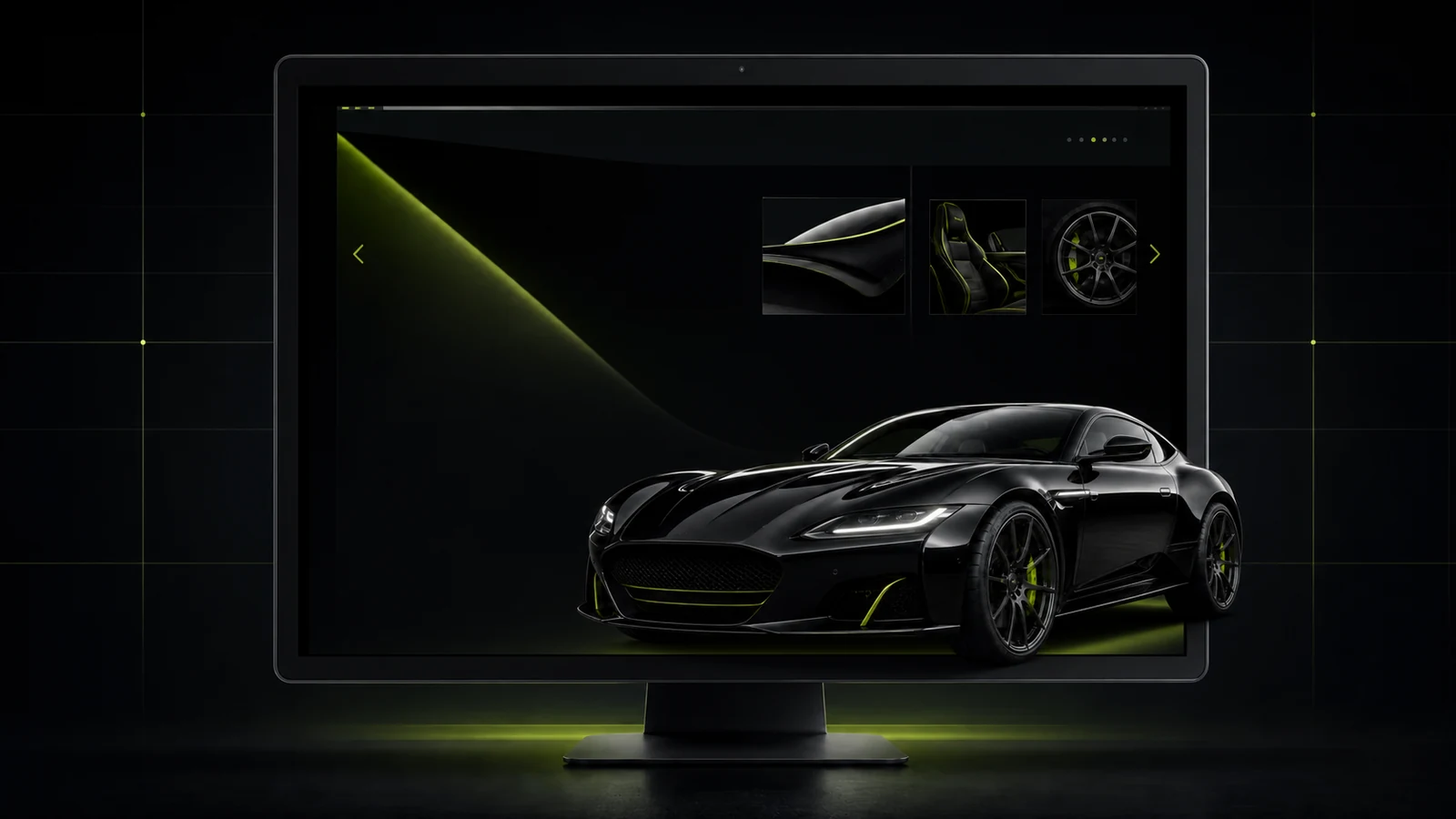 Carro de luxo preto saindo de um monitor que apresenta uma página de Estética Automotiva